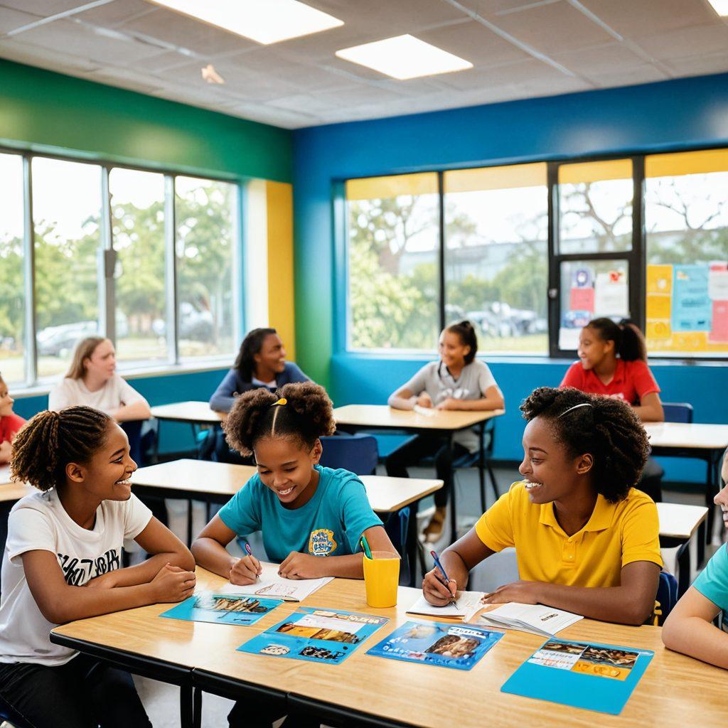 A vibrant classroom scene with diverse students engaged in enthusiastic language learning, surrounded by colorful books and interactive tools like flashcards and digital screens. Bright sunlight streams through large windows, illuminating their happy faces as they participate in a group activity, showcasing collaboration and positivity. The atmosphere is energetic and welcoming, symbolizing a supportive learning environment. super-realistic. bright colors. 3D.