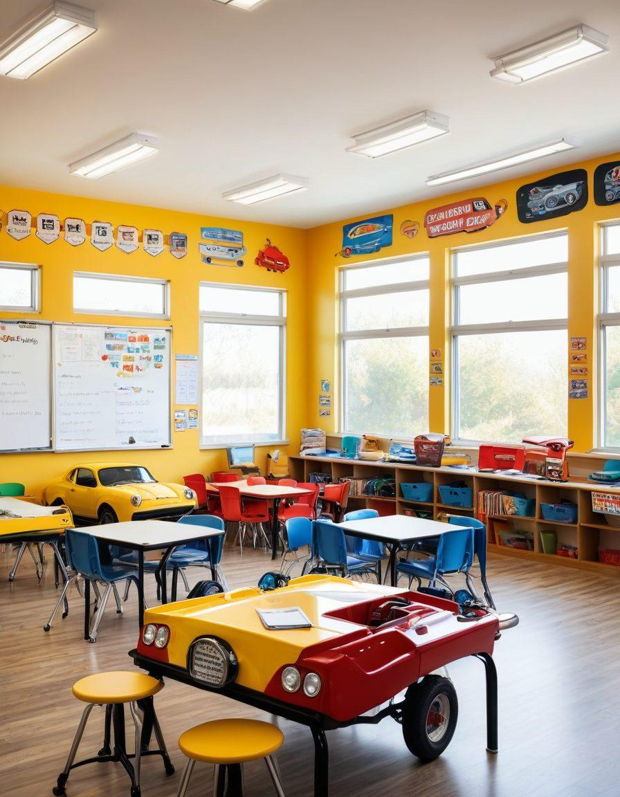 A bright and cheerful classroom setting where diverse students are enthusiastically engaged in learning English through automotive-themed activities. Car parts are creatively used as learning tools, with vibrant word flashcards decorating the walls. A large whiteboard displays fun phrases and vocabulary related to cars. Sunlight streams through the windows, adding a warm ambiance. Illustrative style, vibrant colors, cartoonish flair.